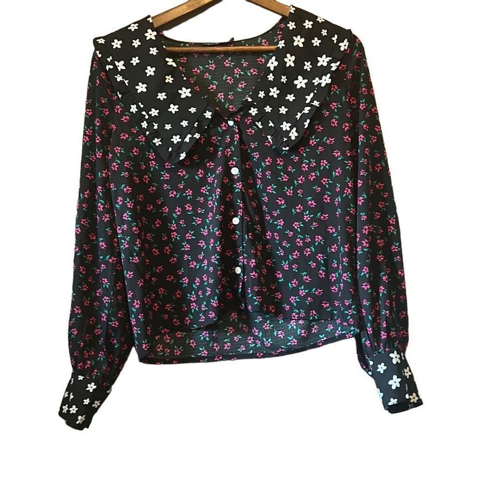 Nasty Gal Contrast Collar Floral Print Shirt size 8